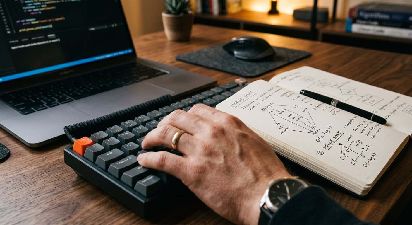 A hand on a mechanical keyboard beside a notebook of merge-sort diagrams, with a laptop of code behind